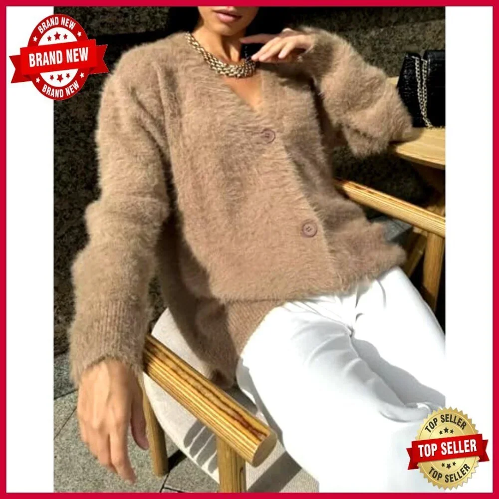 Fuzzy V-Neck Button Cardigan Oversized Slouchy Knit Sweater Coat Y2K Chic